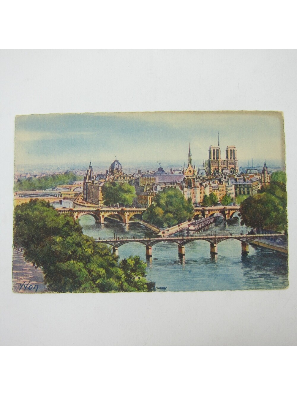 Art Postcard Paris France By Strolling City Notre Dame Bridges Yvon Antique RARE